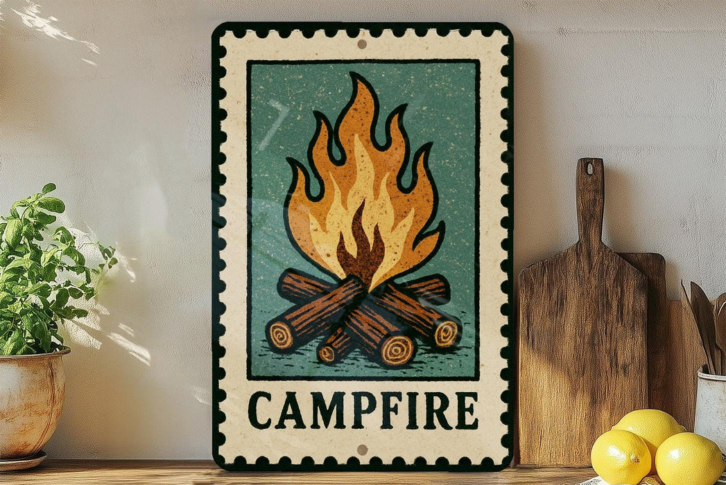 A framed illustration of a campfire is displayed on a shelf, accompanied by a wooden cutting board and a potted plant.