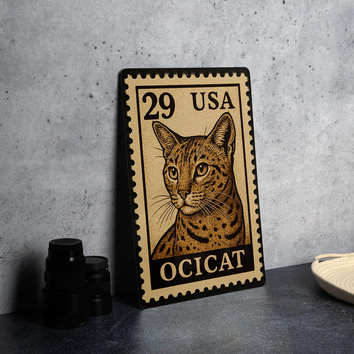 A framed image of a cat, specifically an ocicat, is displayed on a table.