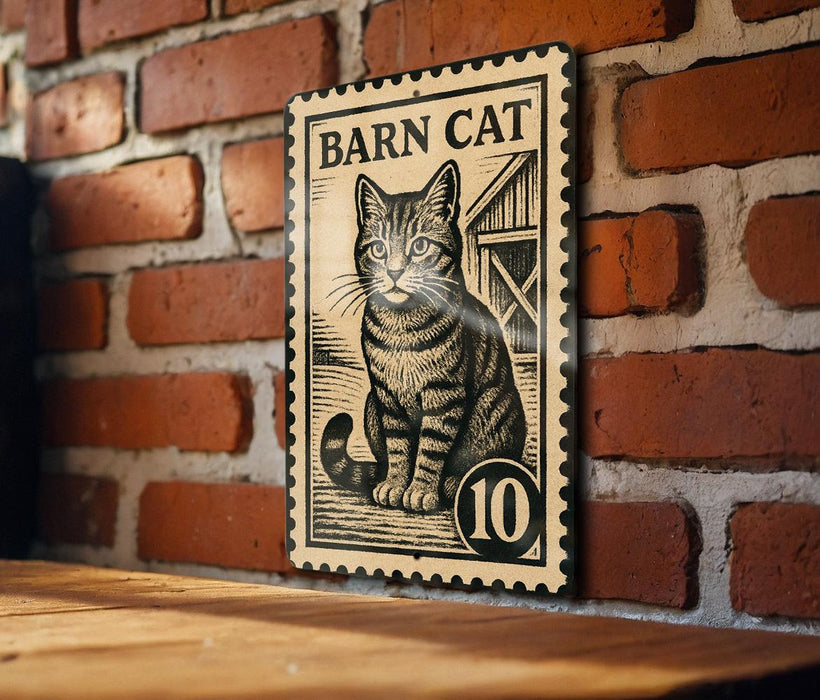 A black and white illustration of a cat is mounted on a brick wall, with the text "BARN CAT" and the number "10" below the cat.