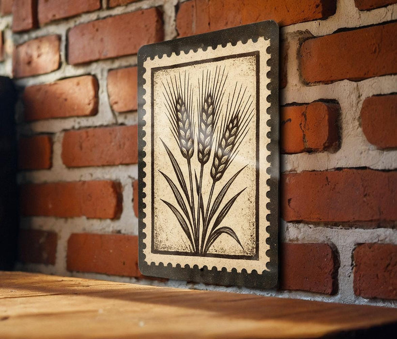 a wooden table with a framed picture of wheat hanging on the wall above it.