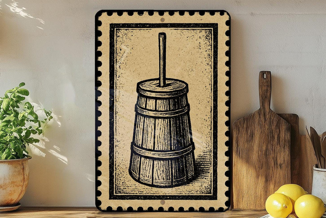 a wooden barrel with a spout, a potted plant, a wooden cutting board, and some lemons on a shelf.