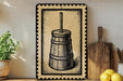 a wooden barrel with a spout, a potted plant, a wooden cutting board, and some lemons on a shelf.