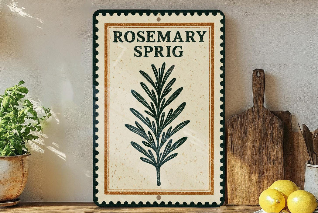 A decorative sign for "Rosesmary Sprig" is displayed on a wooden shelf, accompanied by a potted plant, a wooden cutting board, and some lemons.