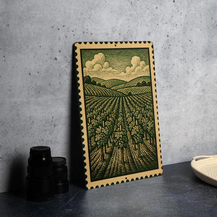a framed illustration of a countryside landscape with a field of trees and rolling hills, set against a cloudy sky.