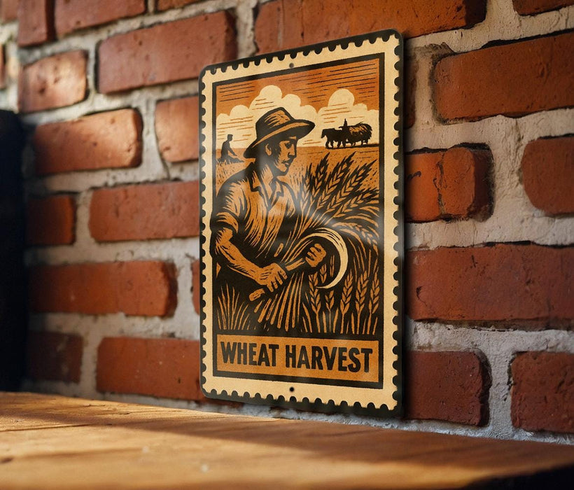 a vintage-style metal sign with a black and white illustration of a farmer harvesting wheat, mounted on a brick wall.