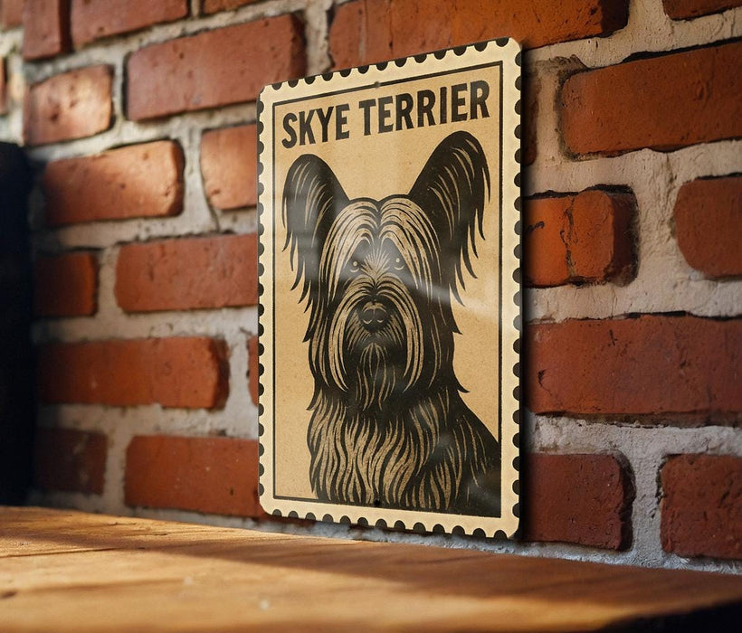 A framed poster of a Skye Terrier dog is displayed on a brick wall.