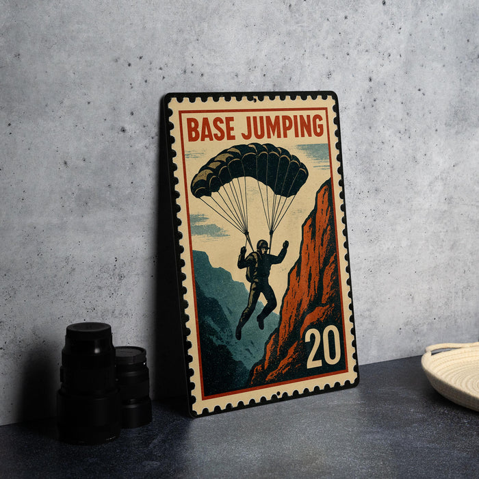 A vintage-style metal sign with a parachute illustration and the number 20, placed on a gray surface next to some black camera lenses.