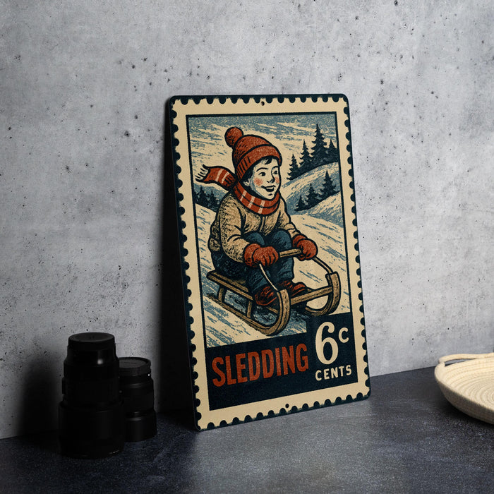 A vintage-style metal stamp depicting a young boy sledding, with the text "SLEDING 6c" indicating the cost.