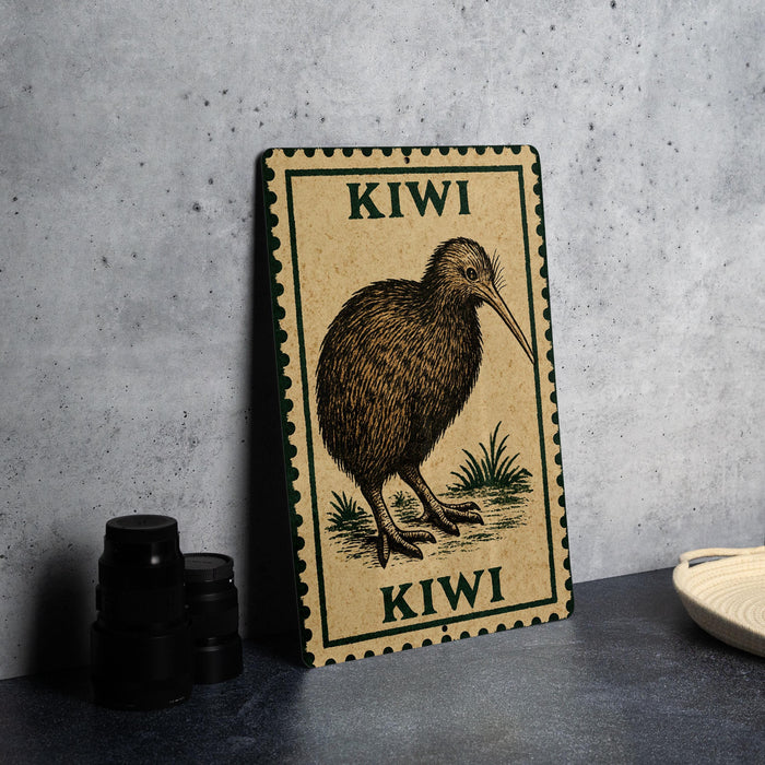 A framed illustration of a kiwi bird is displayed on a table, accompanied by a stack of black camera lenses and a white plate.