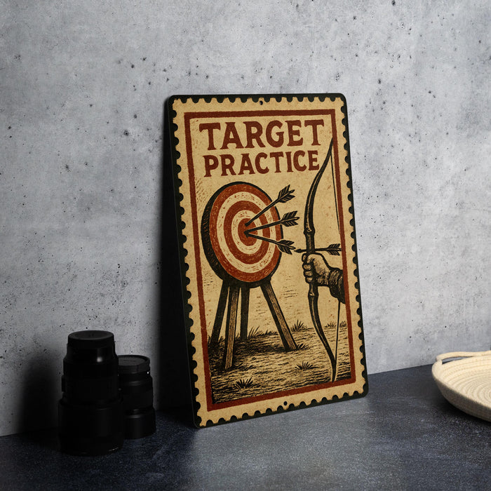 a metal sign with a target and arrows, placed on a table next to some black camera lenses.