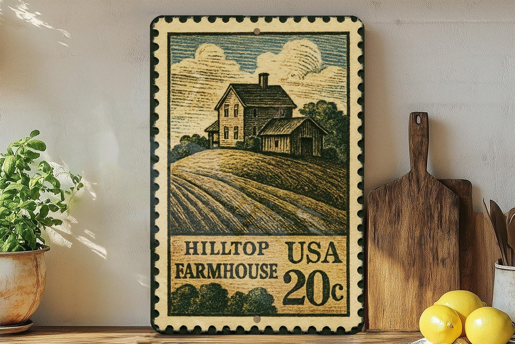 A vintage-style metal sign depicting a farmhouse with a hilltop view, mounted on a wall next to a wooden cutting board and a potted plant.