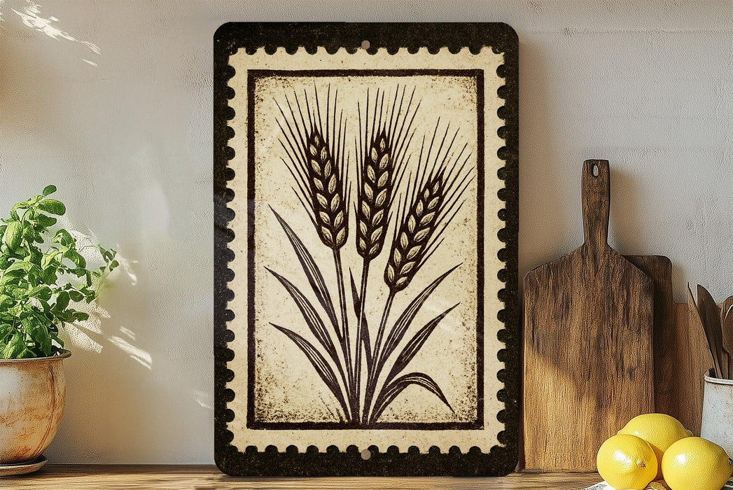 a decorative tile with a wheat design, placed on a shelf next to a wooden cutting board and a potted plant.