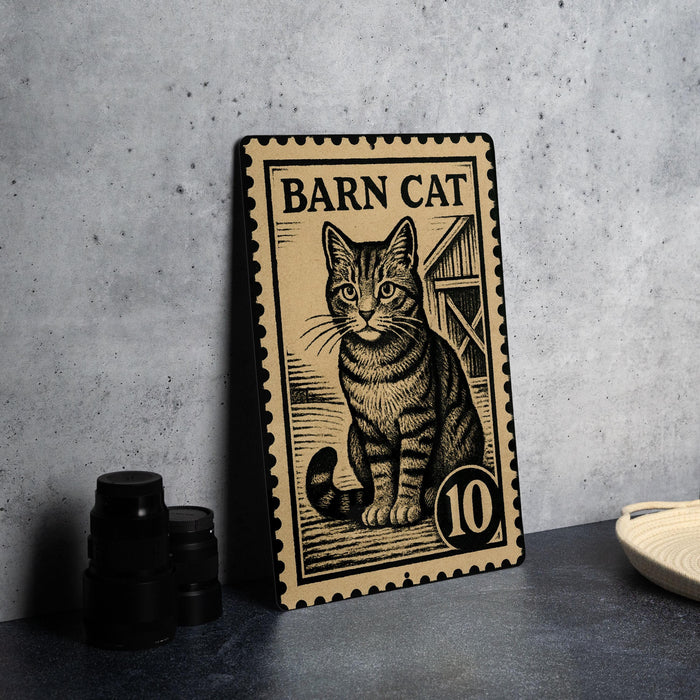a metal sign with a cat illustration, placed on a table next to some black camera lenses.