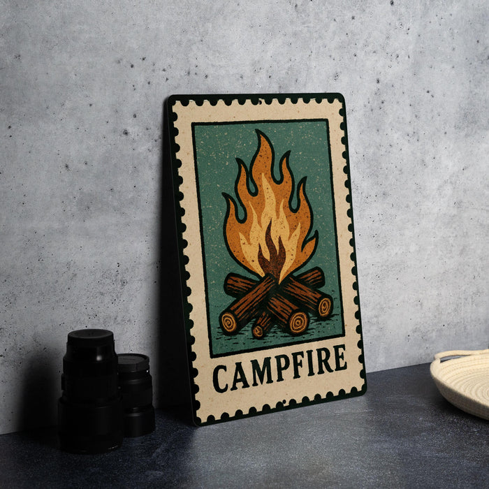 A metal sign with a campfire illustration on it, placed on a countertop next to some black camera lenses.