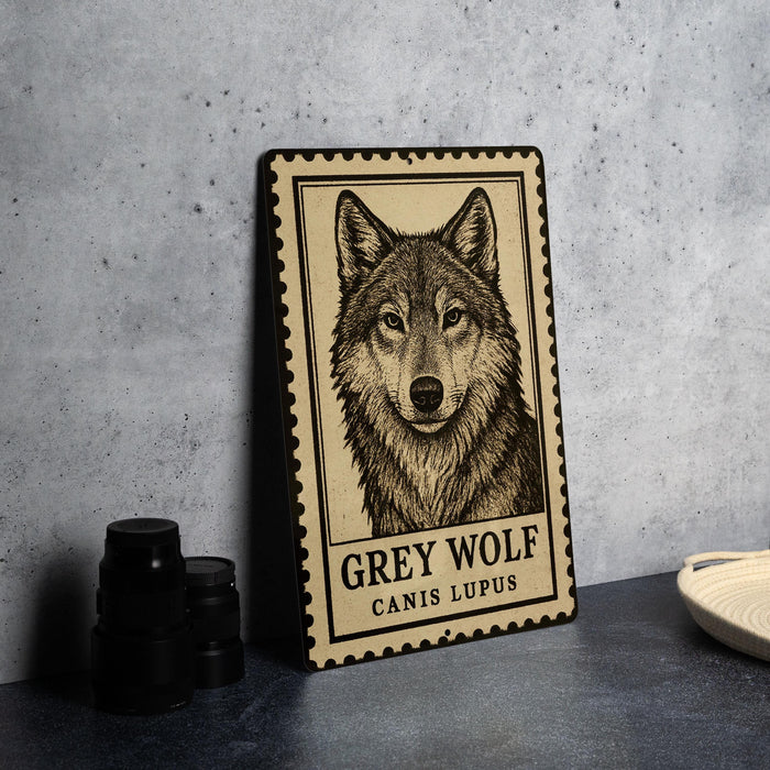 A framed image of a grey wolf is displayed on a wall, with a plate and a stack of black camera lenses to the left.