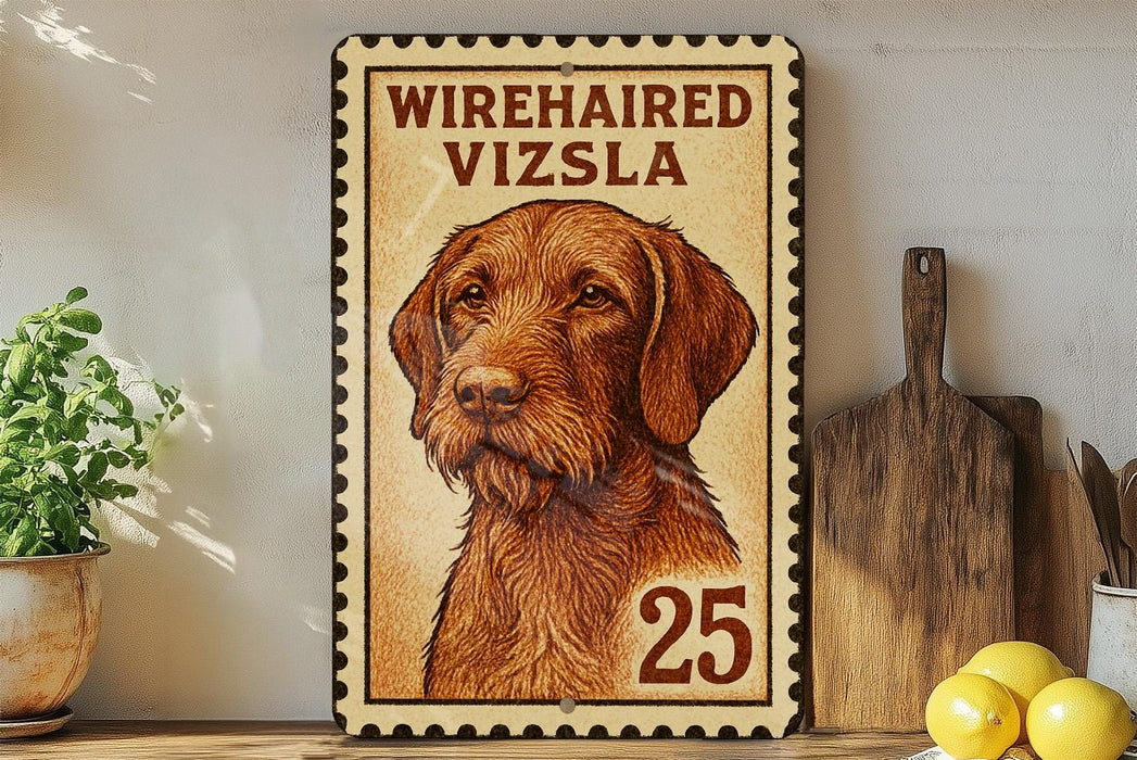 A framed illustration of a wirehaired vizsla dog, with the text "WIREHAIRED VIZSLA 25" printed on it, is displayed on a shelf next to a wooden cutting board and some kitchen utensils.