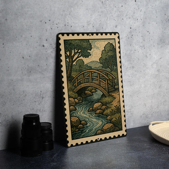 A framed illustration of a wooden bridge over a river, surrounded by trees and rocks, is displayed on a dark surface next to some black camera lenses.