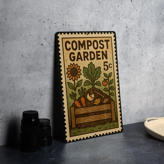 A vintage-style metal sign with a garden theme, featuring a stamp-like design and illustrations of plants and vegetables.