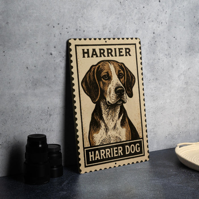 A metal sign featuring a beagle dog illustration, with the text "HARRIER DOG" prominently displayed.