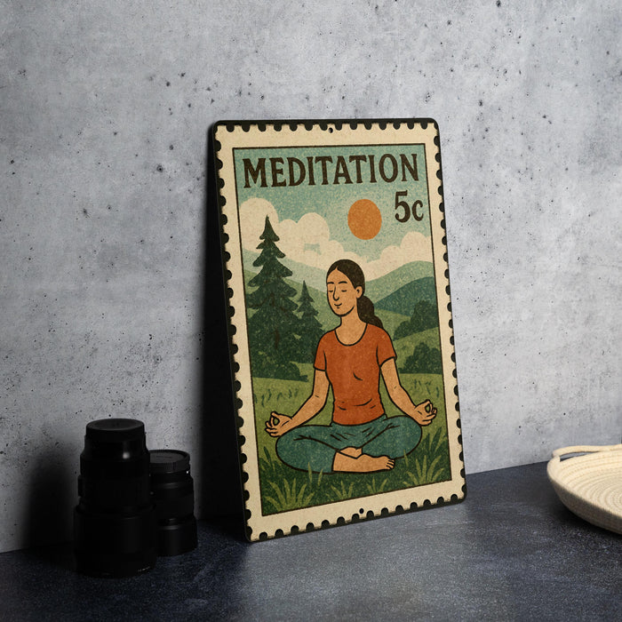 A metal stamp depicting a woman in a meditative pose, with a mountain landscape and a sun in the background.