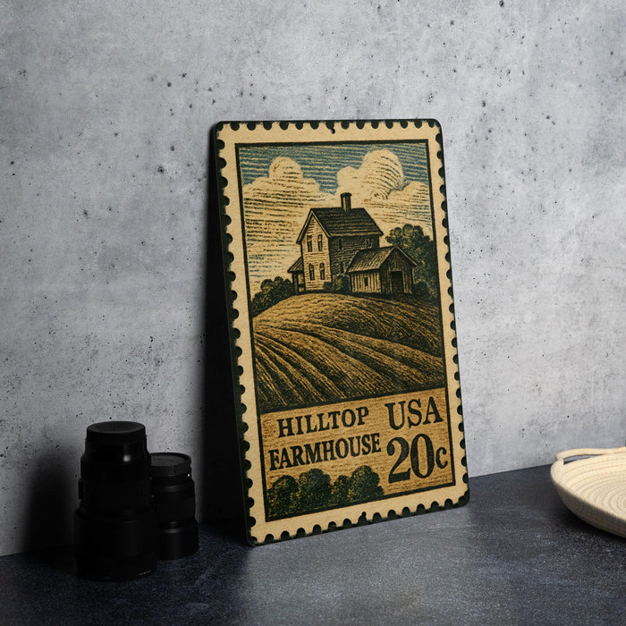A metal stamp with a farmhouse illustration on it, placed on a table next to some black camera lenses.
