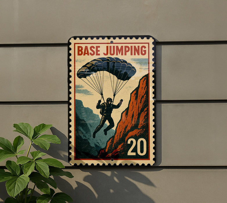 A vintage-style sign with a parachute and a person jumping off a cliff, mounted on a wall.