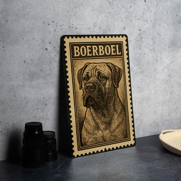A metal frame with a printed illustration of a Boerboel dog on it, placed on a countertop next to some black camera lenses.