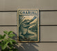 a sign with a crocodile illustration, mounted on a wall next to a plant.