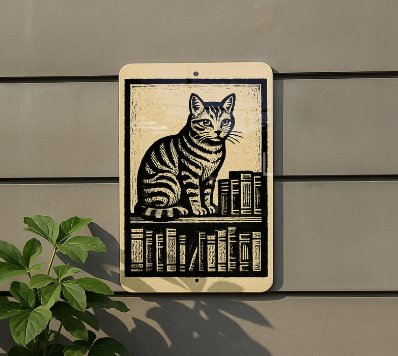 A sign featuring a cat sitting on a bookshelf, with a plant to the left of the sign.