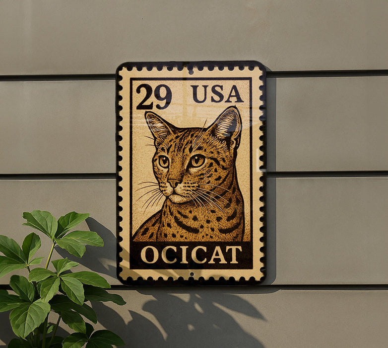 A wooden postcard-style stamp featuring a cat's face, mounted on a wall next to a plant.