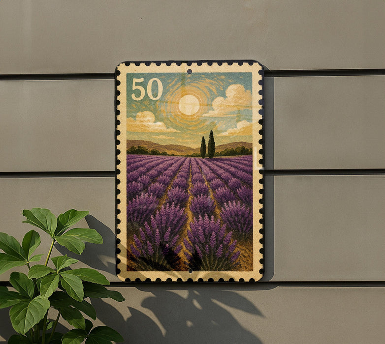 A postage stamp-like frame with a painting of a field of lavender flowers, depicting a serene countryside landscape.