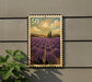 A postage stamp-like frame with a painting of a field of lavender flowers, depicting a serene countryside landscape.
