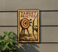 a sign with the text "TARGET PRACTICE" and an illustration of a target with arrows.