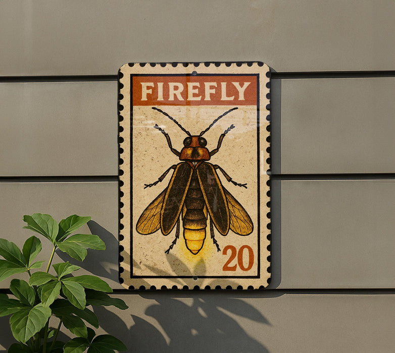A framed image of a Firefly insect is mounted on a wall, with a plant visible to the left.