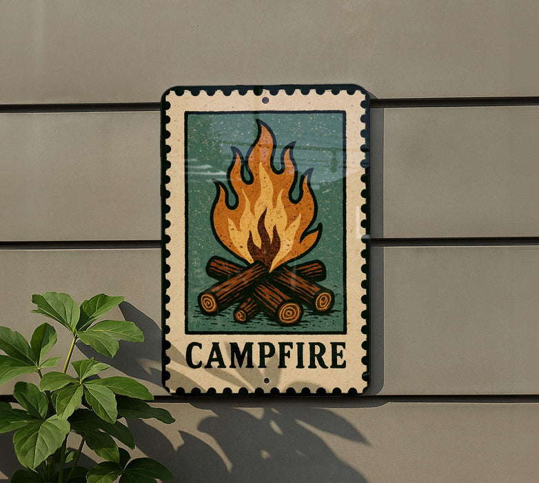 A metal sign with a campfire illustration on it, mounted on a wall.