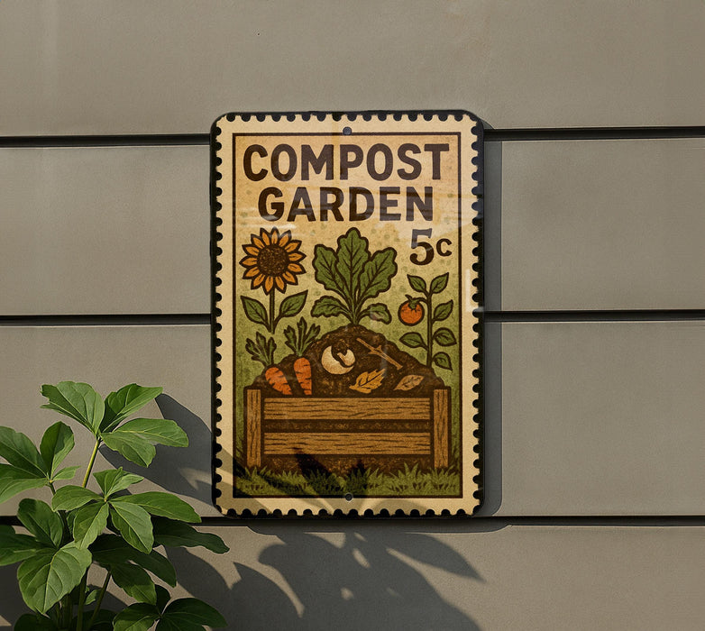 A vintage-style metal sign with a garden theme, featuring a sunflower, carrots, and a wooden bench, mounted on a gray wall.