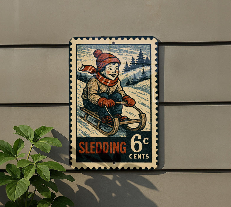 A vintage-style metal sign depicting a young boy riding a sled, with the text "Sledding 6c" and a postage stamp design.