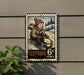 A vintage-style metal sign depicting a young boy riding a sled, with the text "Sledding 6c" and a postage stamp design.