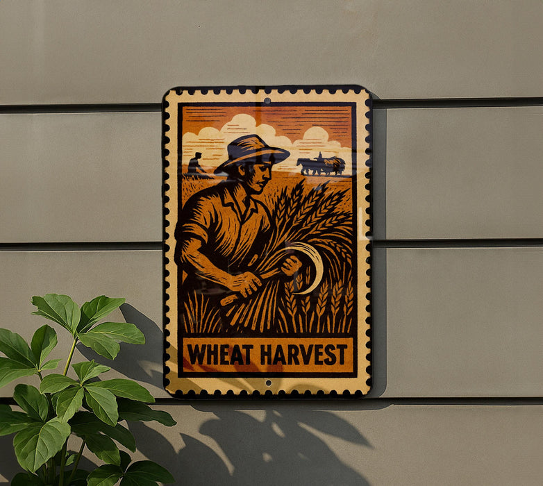 a sign depicting a man harvesting wheat, with the text "Wheat Harvest" prominently displayed.