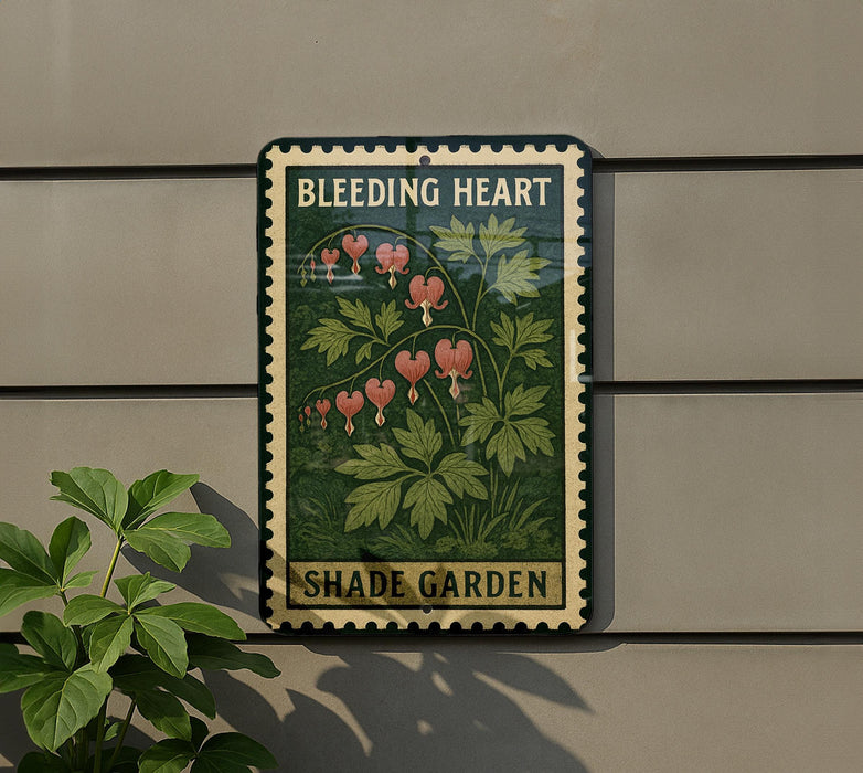 a sign for a "Bleeding Heart Shade Garden" with a green and white color scheme and a floral design.