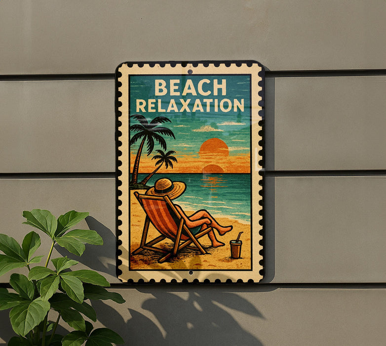 A beach relaxation sign with a person sitting in a beach chair, enjoying the sunset.