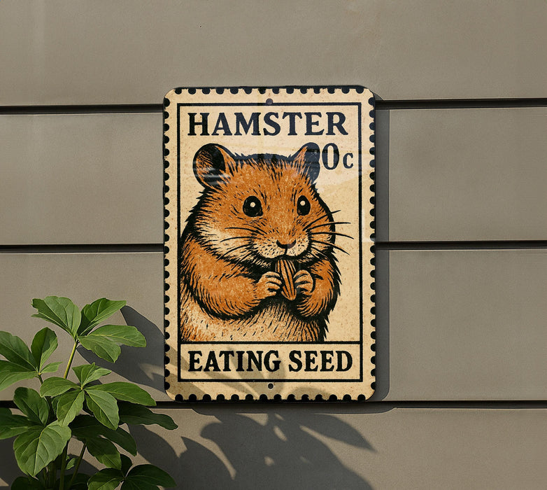 A metal sign with a hamster image and the text "HAMSTER 0c EATING SEED" is mounted on a wall.