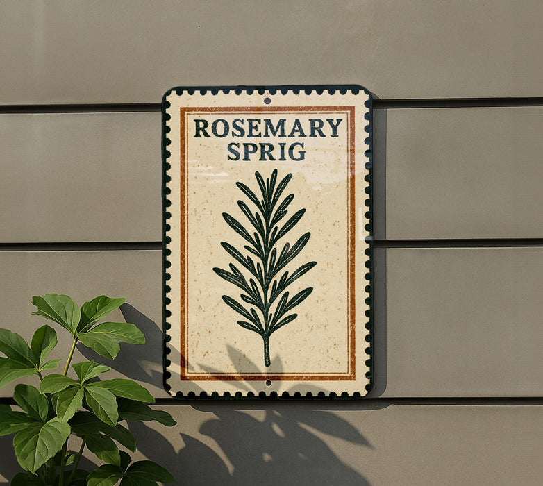 A sign for "ROSEMARY SPRIG" is displayed on a wall, with a plant to the left of the sign.