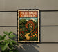 A vintage-style metal sign with a garden scene and a path, mounted on a wall.