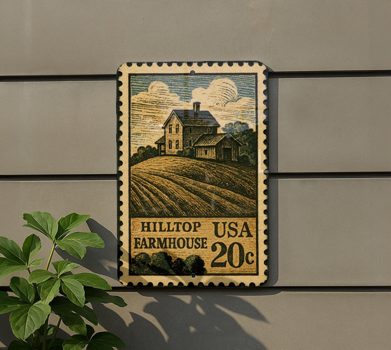 A metal sign with a farmhouse illustration and the text "HILLTOP USA 20c" is mounted on a wall.