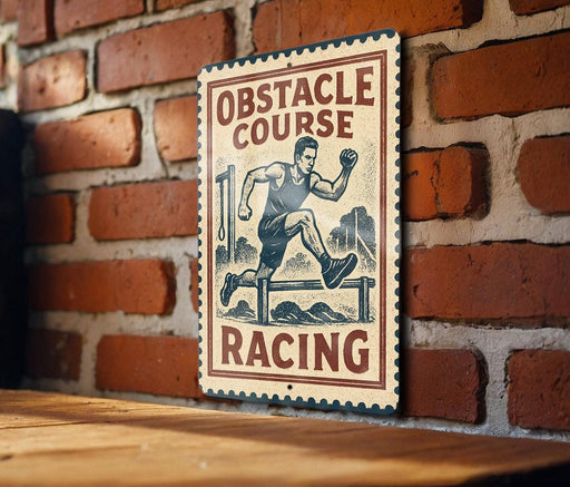 a sign with the text "OBSTACLE COURSE RACING" and an illustration of a man running.