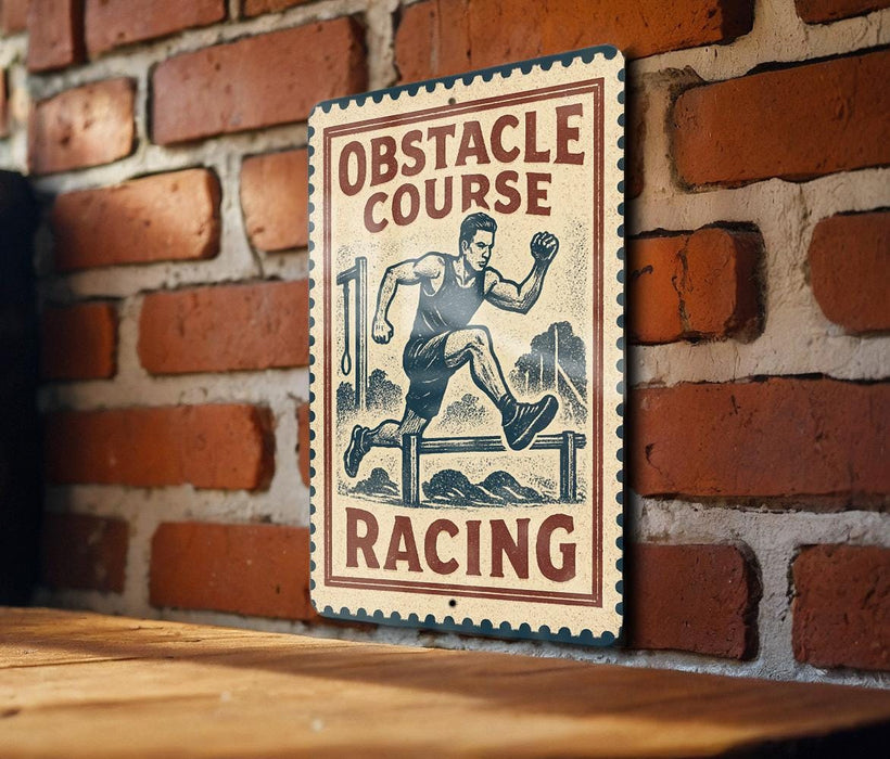 a sign with the text "OBSTACLE COURSE RACING" and an illustration of a man running.
