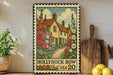 A vintage-style metal sign depicting a house surrounded by colorful flowers, with the text "Hollyhock Row USA 20" on it. The sign is placed on a wooden shelf next to a potted plant and a wooden cutting board.