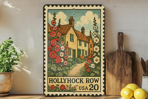 A vintage-style metal sign depicting a house surrounded by colorful flowers, with the text "Hollyhock Row USA 20" on it. The sign is placed on a wooden shelf next to a potted plant and a wooden cutting board.