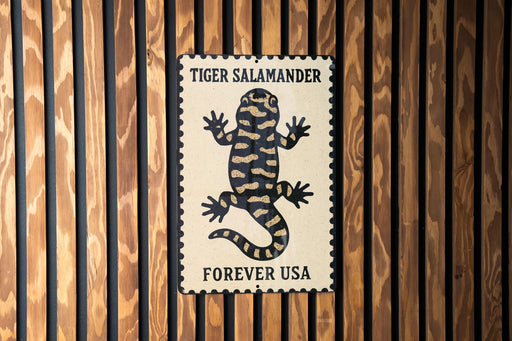 A sign featuring a tiger salamander, with the text "TIGER SALAMANDER FOREVER USA" displayed prominently.
